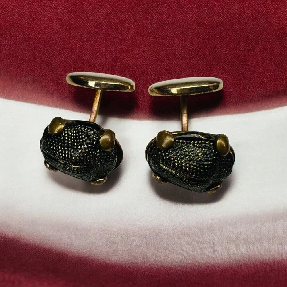 ANTIQUE- 9K Gold -Victorian- Natural Scarab Cufflinks- -6.2g Real Green Beetles